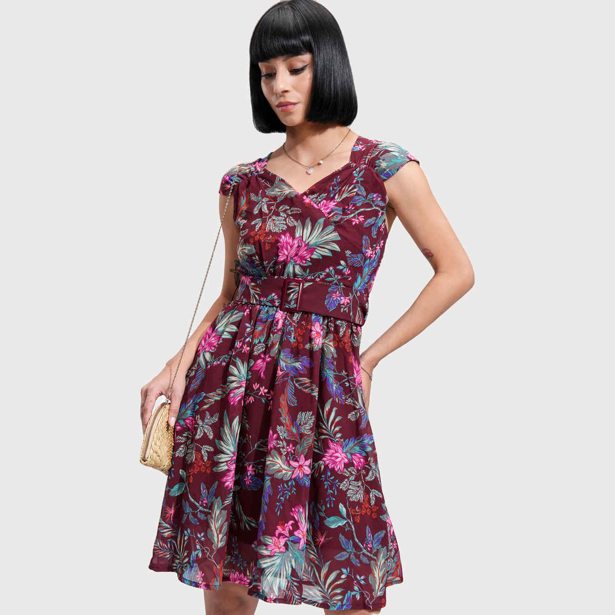 Tokyo Talkies Women's Floral Printed Dress | Red - L