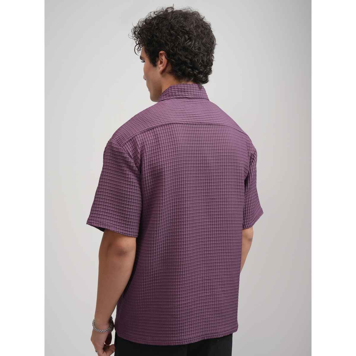Highlander Men Popcorn Textured Solid Polo Collar Oversized T-shirt | Plum | XL