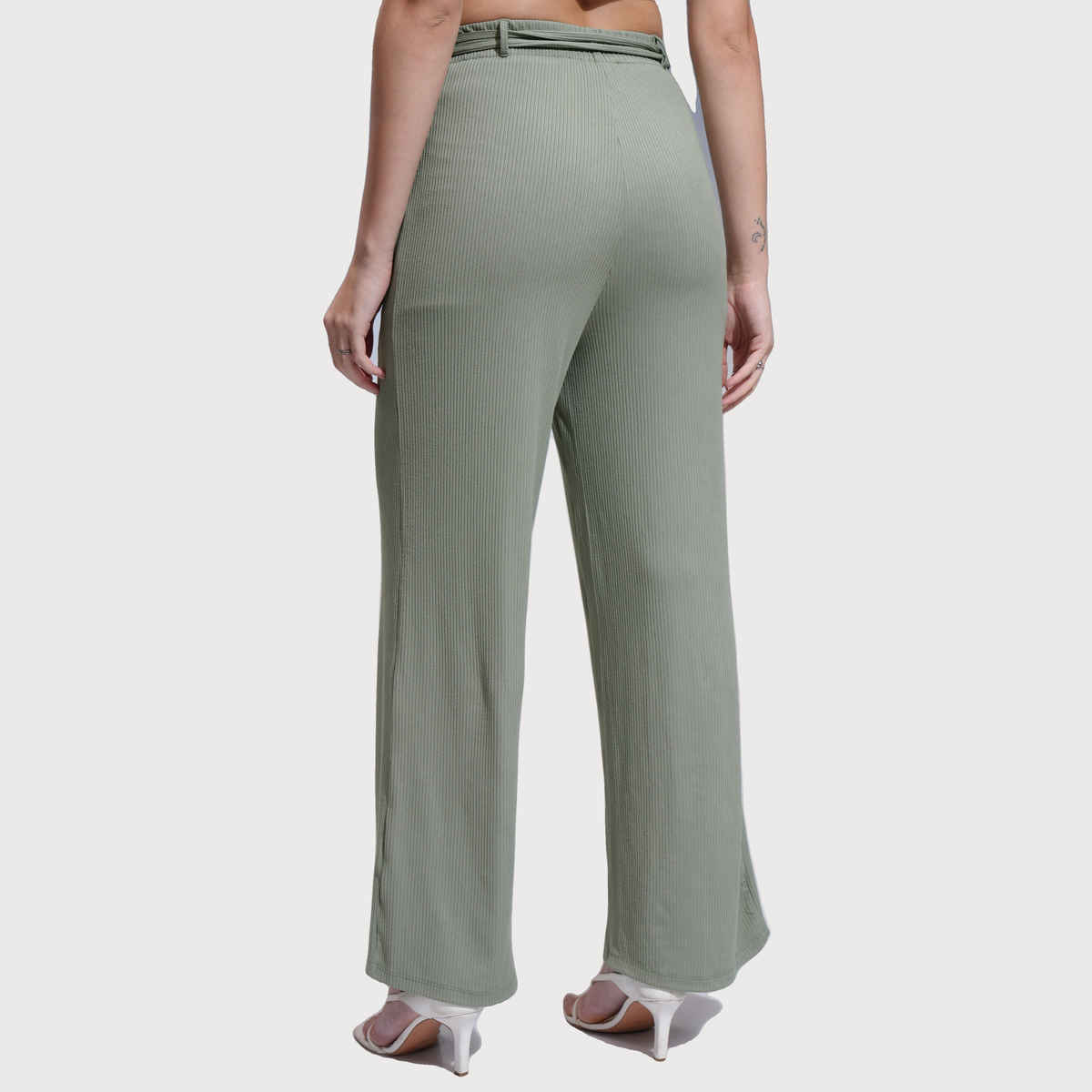 Tokyo Talkies Women's Solid Rib Calf Length Wideleg Pants | Olive - 30