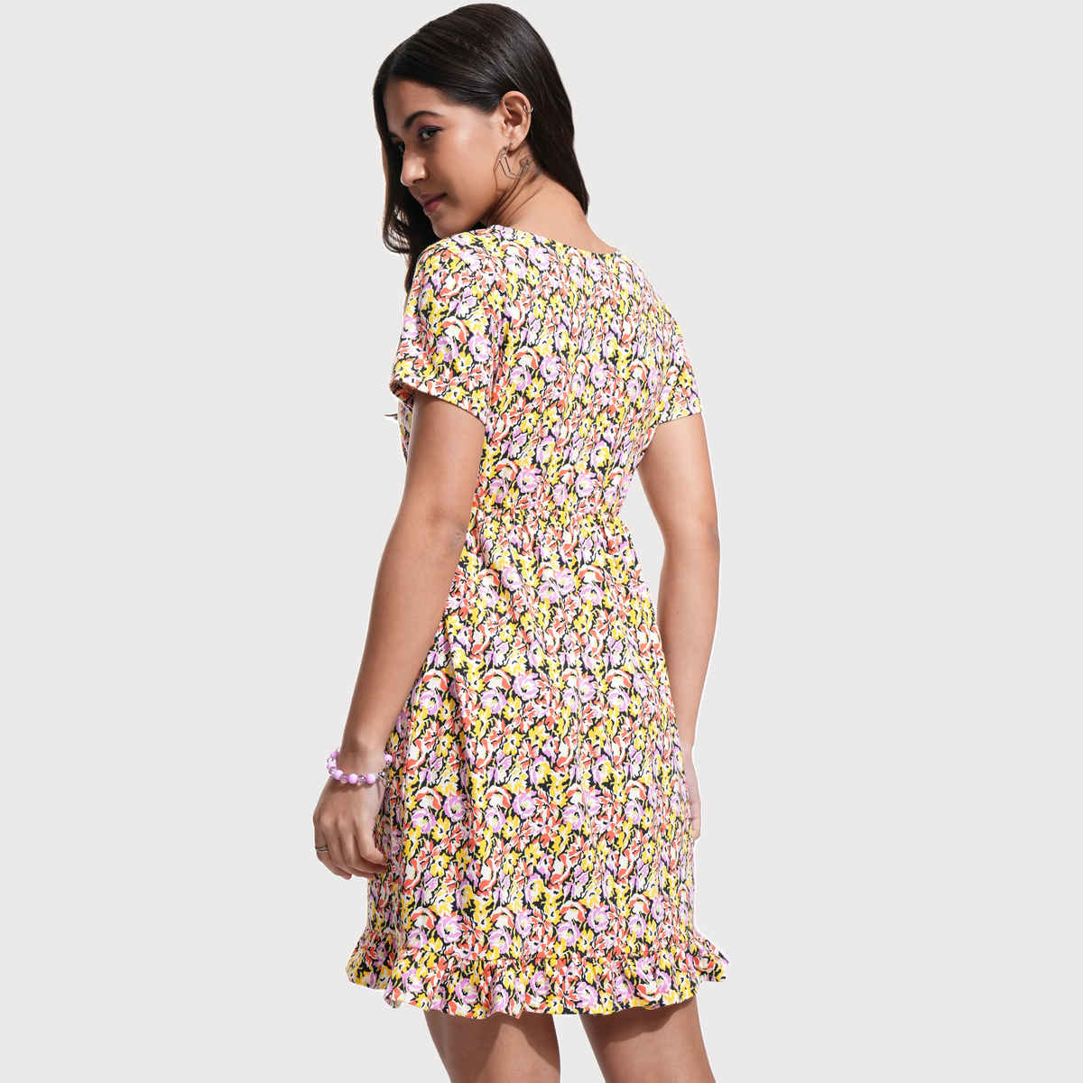 Tokyo Talkies Women's Fit & Flare V Neck Mini Rib Dress | Multicolour - M