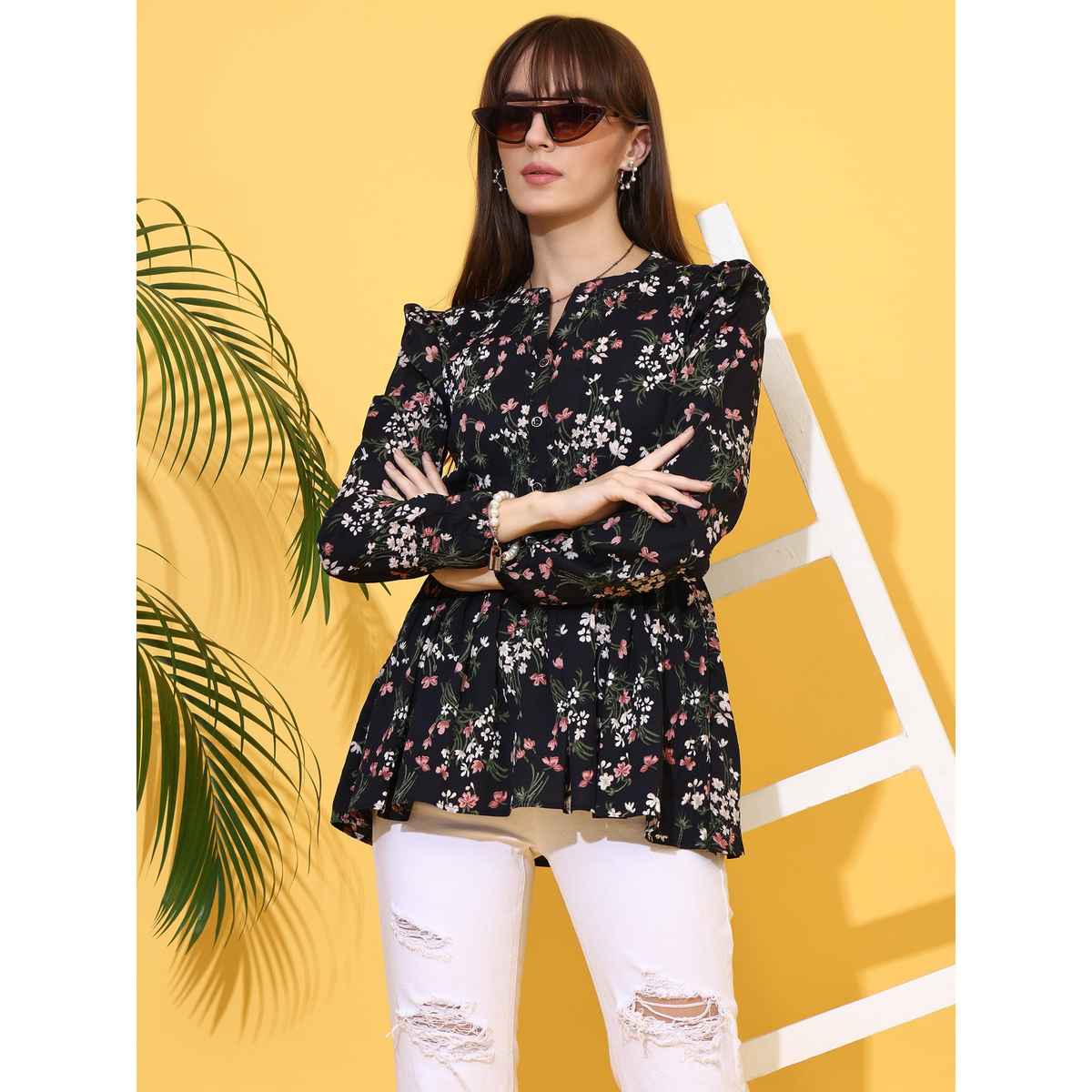 Sheetal Women's Floral Printed Mandarin Collar Top | 5201 | Black - XL