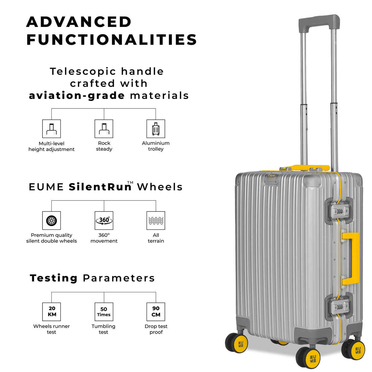 EUME Unisex Solid Aluminium 45 L Cabin Luggage | Silver - L