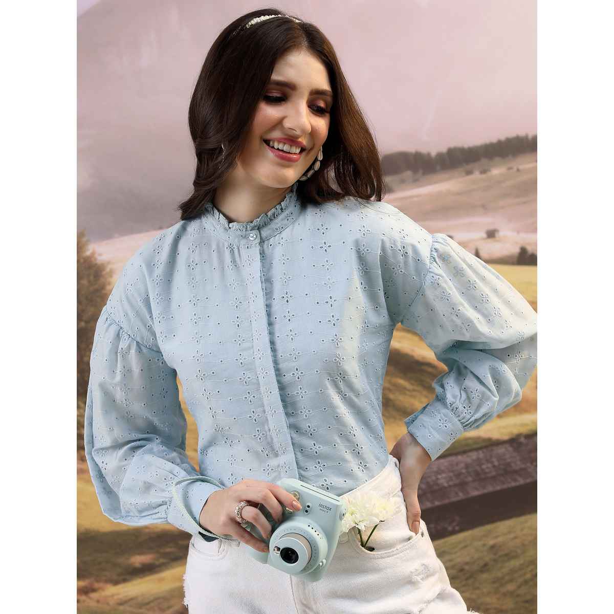 Tokyo Talkies Women's Self Design Mandarin Collar Puffed Sleeves Shirt Style Top | Blue - S