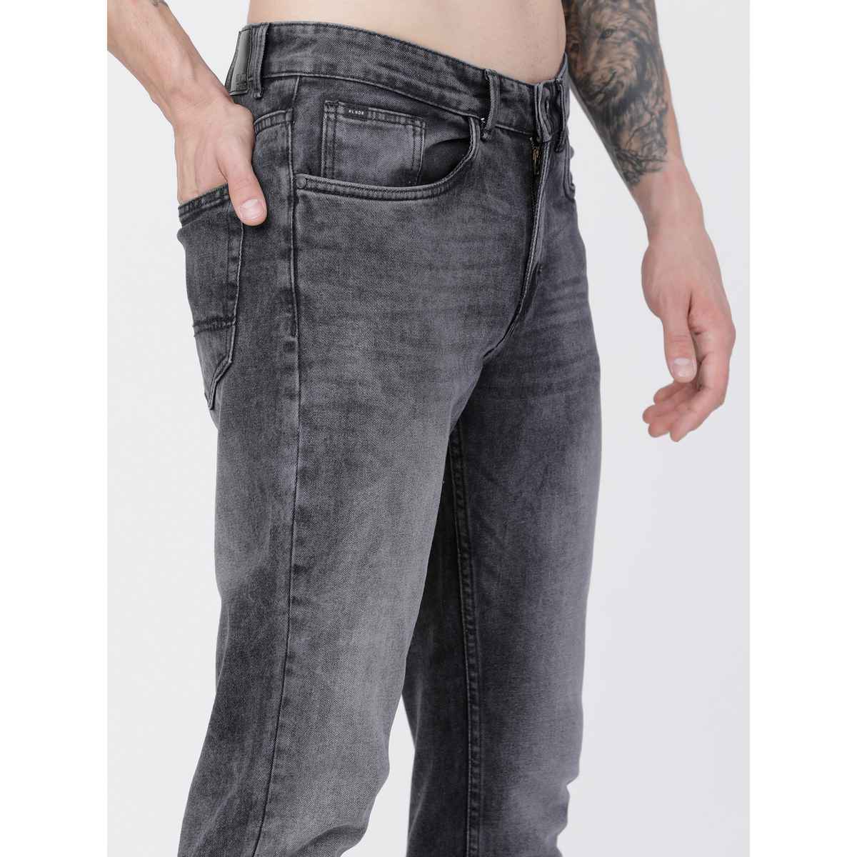 Highlander Men's Tapered Fit Mid-Rise Clean Look Stretchable Jeans | Grey - 34