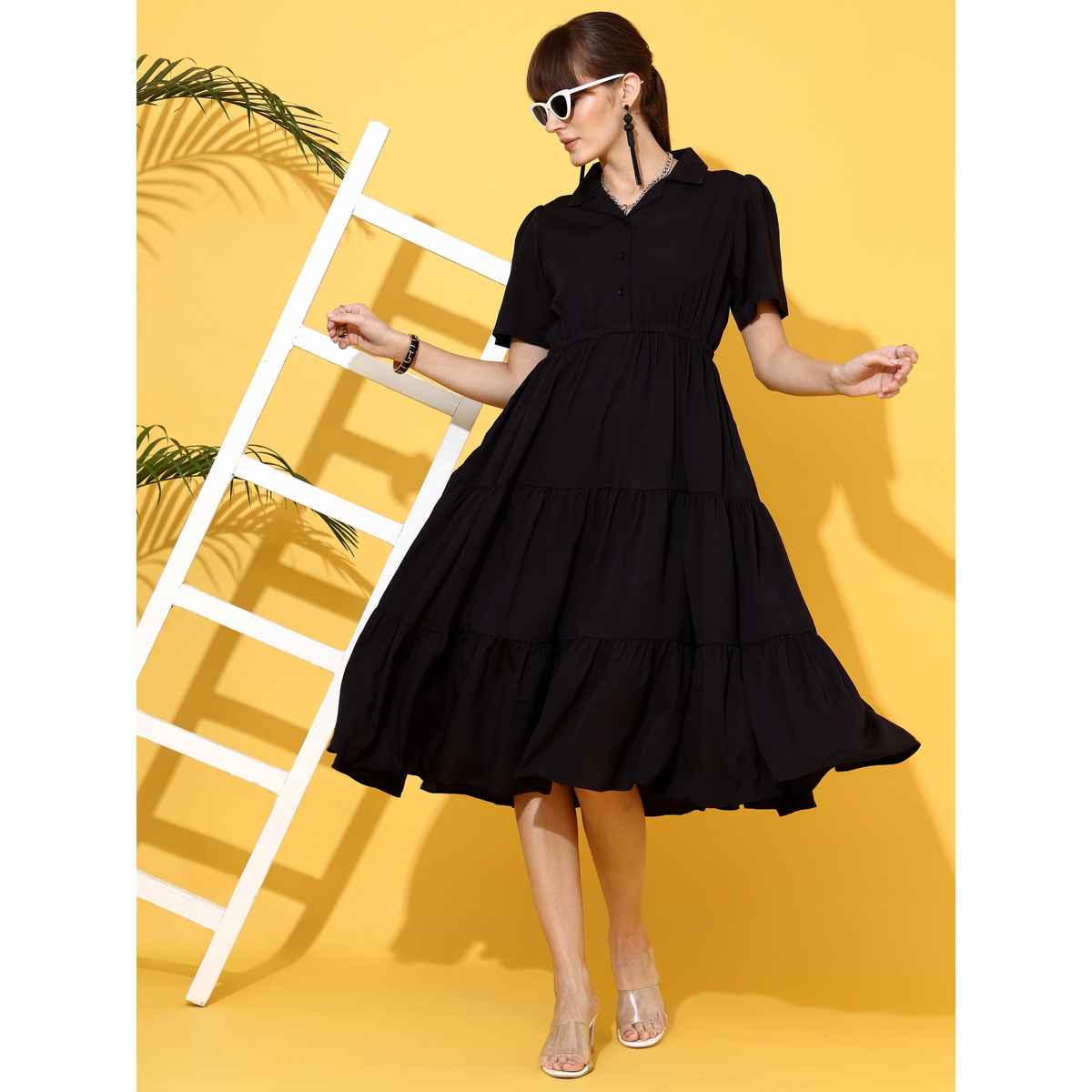 Sheetal Women's Black Shirt Collar Fit And Flare Midi Dress | 11621 | Black - XL