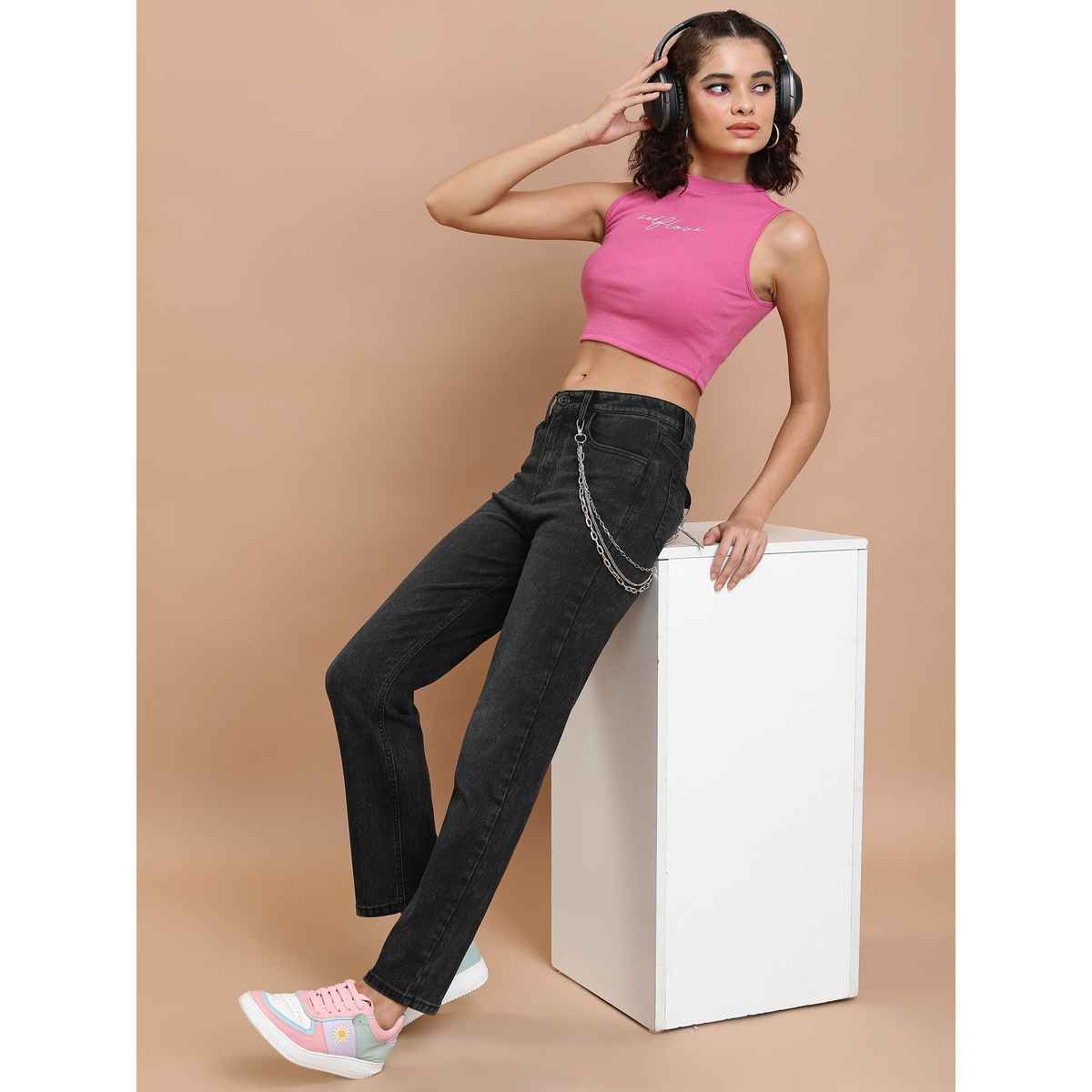 Tokyo Talkies Women's Straight Fit Light Fade Stretchable Jeans | Dark Grey - 30