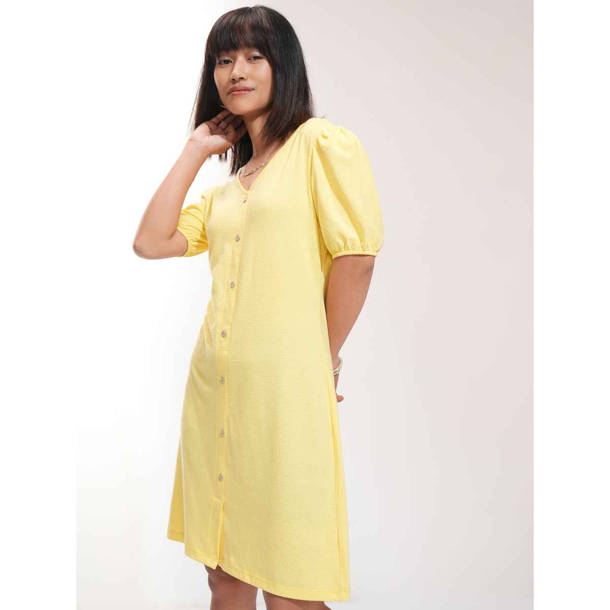 Tokyo Talkies Women's Yellow Textured A-Line Knitted Mini Dress | Yellow | M