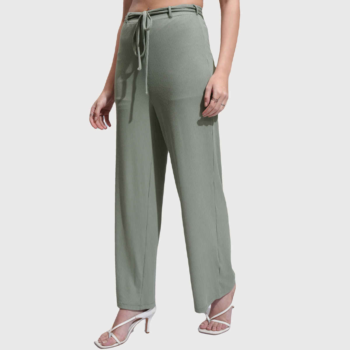 Tokyo Talkies Women's Solid Rib Calf Length Wideleg Pants | Olive - 32