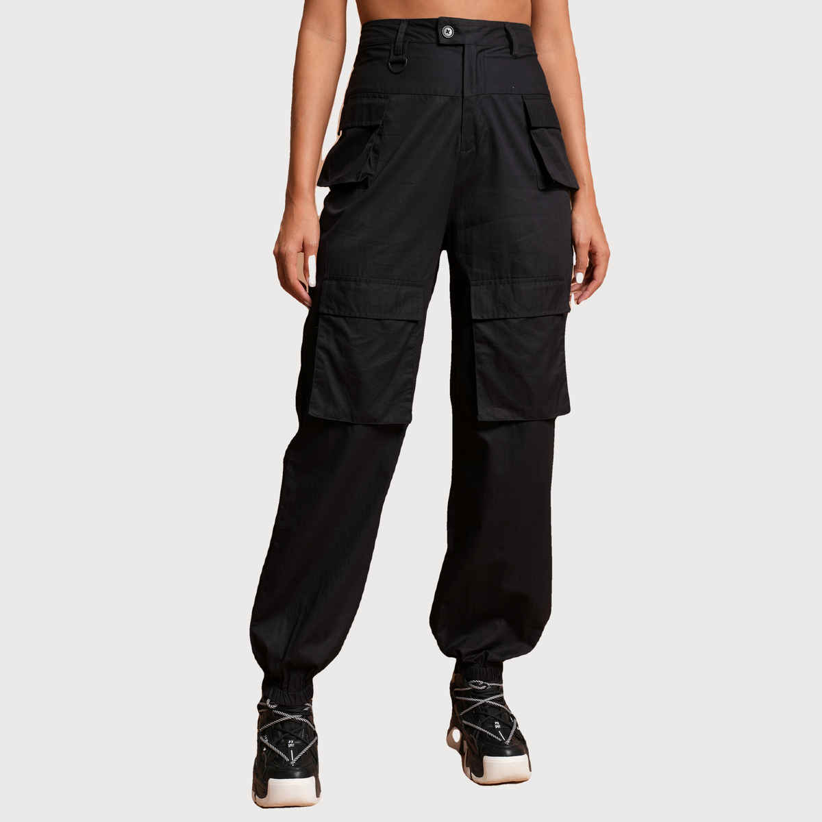 Tokyo Talkies Women's High-Rise Cotton Cargos | Black - 32