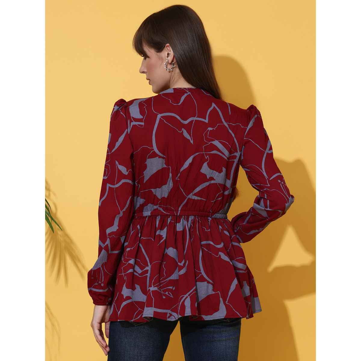Sheetal Women's Floral Print Mandarin Collar Crepe Top | 5207 | Maroon - XL