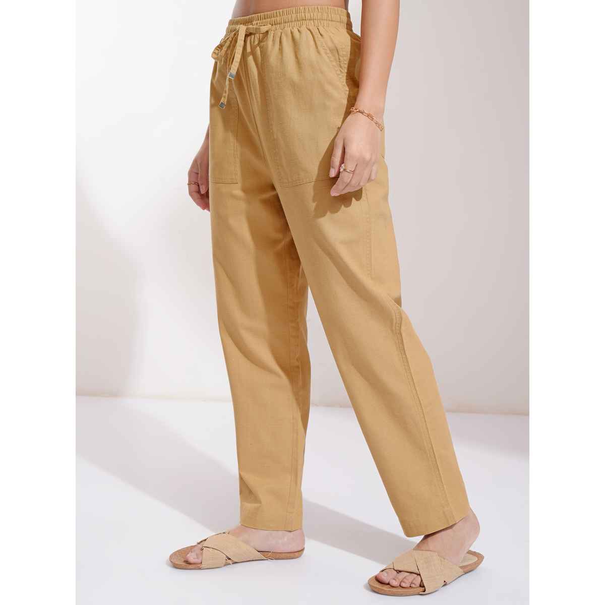 Tokyo Talkies Women's Camel Solid Multi Pocket Carrot Fit Pant | Beige - 32