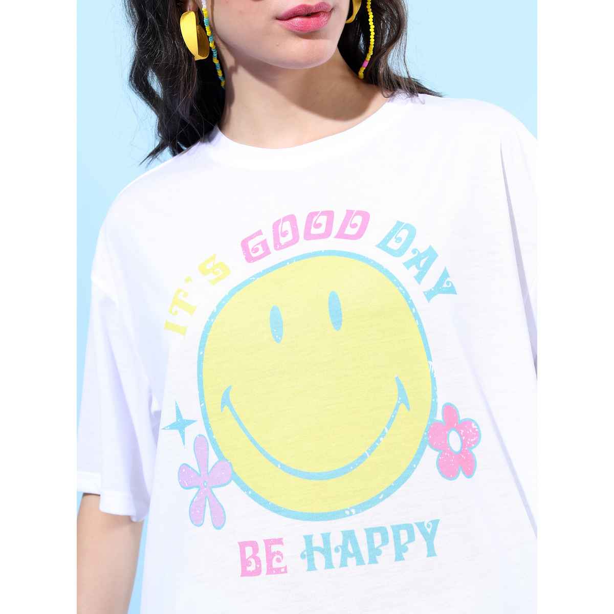 Tokyo Talkies Women's Printed Oversized T-shirt | White - L