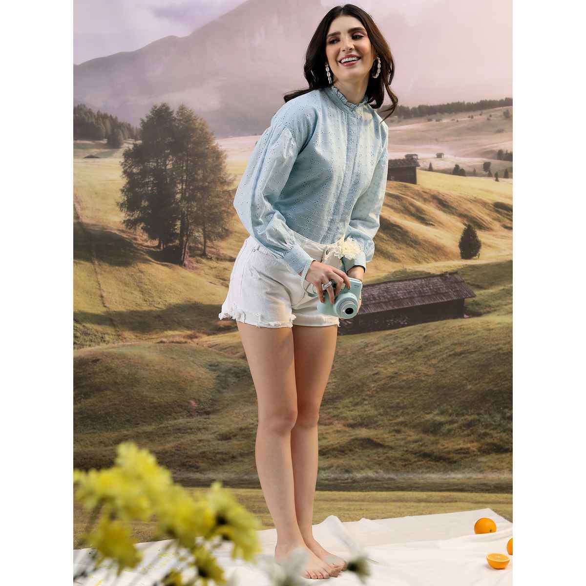 Tokyo Talkies Women's Self Design Mandarin Collar Puffed Sleeves Shirt Style Top | Blue - S