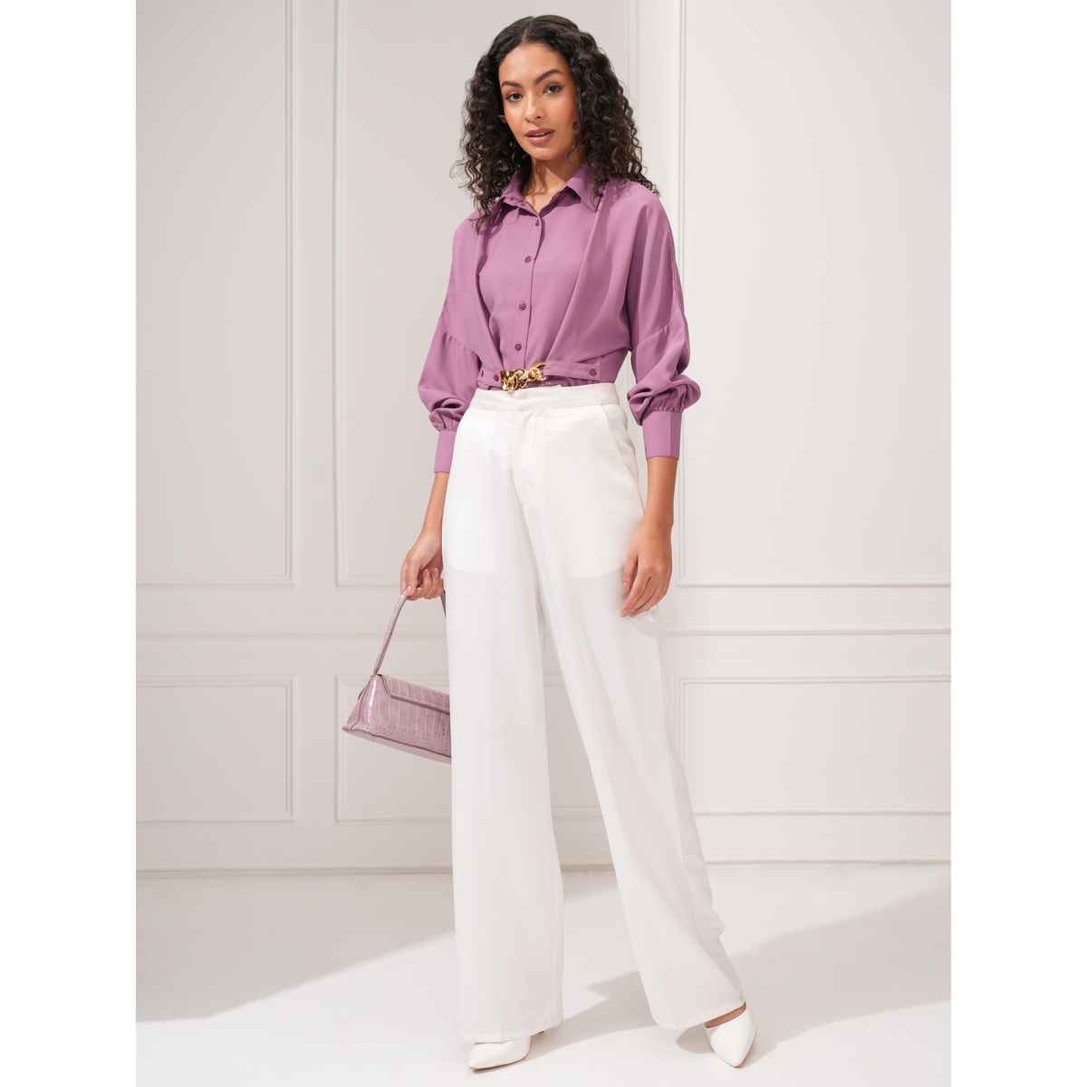 Tokyo Talkies Women's Button Down Front Pocket Detailed Shirt | Purple - M