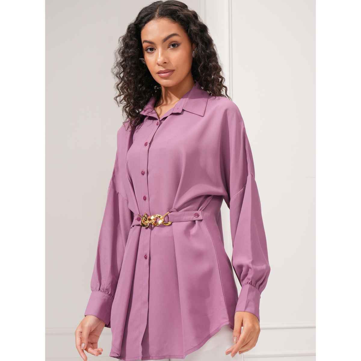 Tokyo Talkies Women's Button Down Front Pocket Detailed Shirt | Purple - L