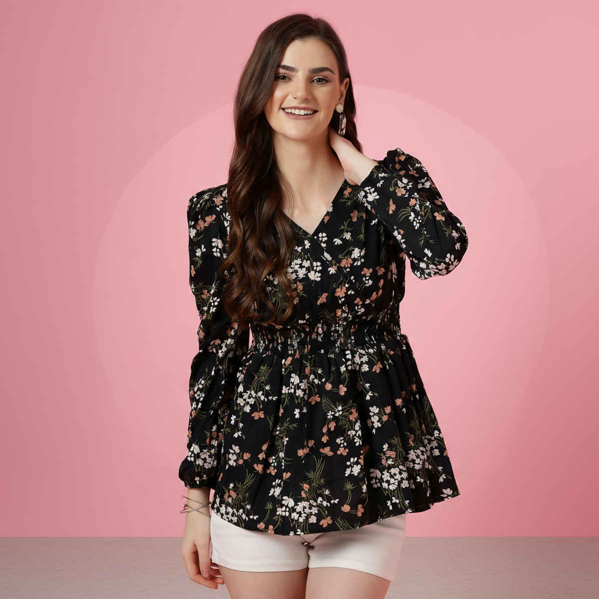 Sheetal Women's Puff Sleeves Floral Printed Top | 5111 | Black - L