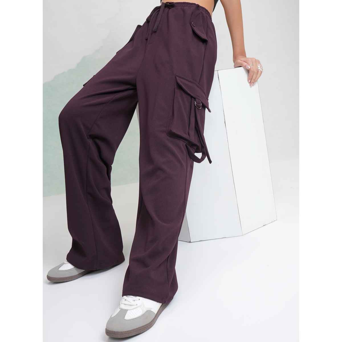 Tokyo Talkies Women's Solid Straight Fit Cargo Pant | Purple - 34
