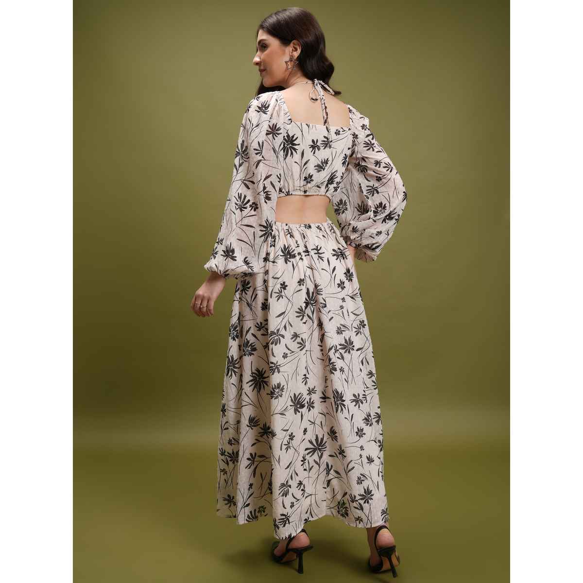Tokyo Talkies Women's Floral Printed Tie Up Neck Puff Sleeve Cut Out Maxi Dress | Off White - XL
