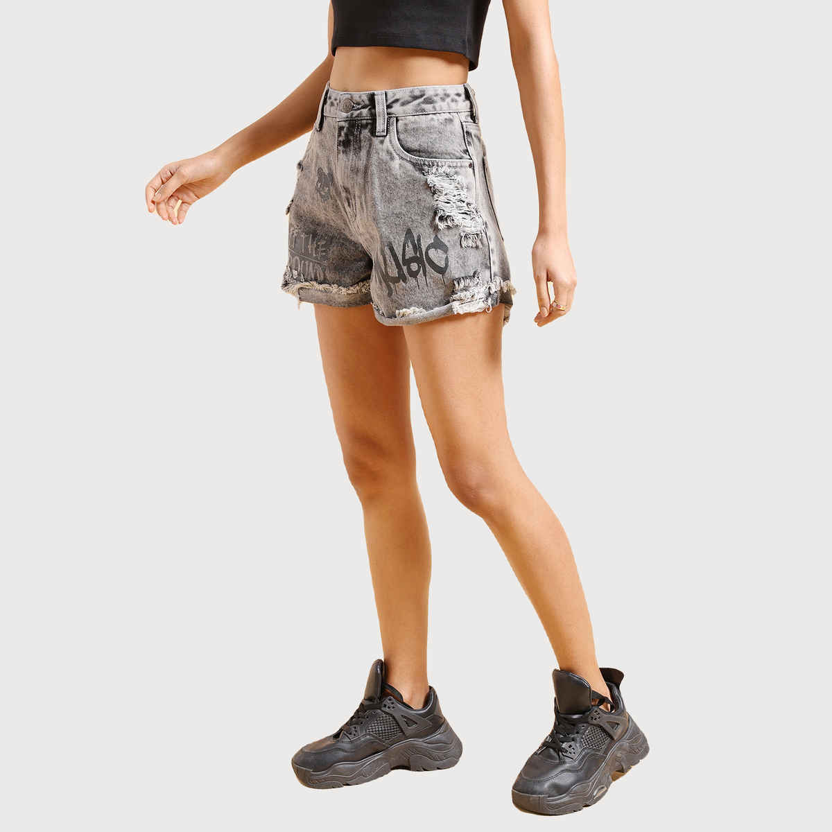 Tokyo Talkies Women's Typography Printed Cotton Denim Shorts | Grey - 30