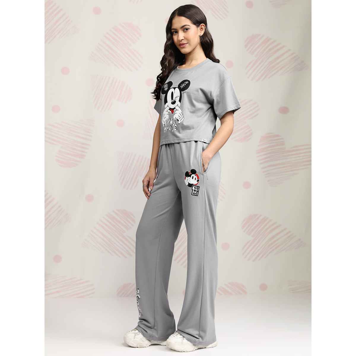 Tokyo Talkies Women's Disney Mickey Mouse Printed Sleepwear Co-ord Set | Grey - L