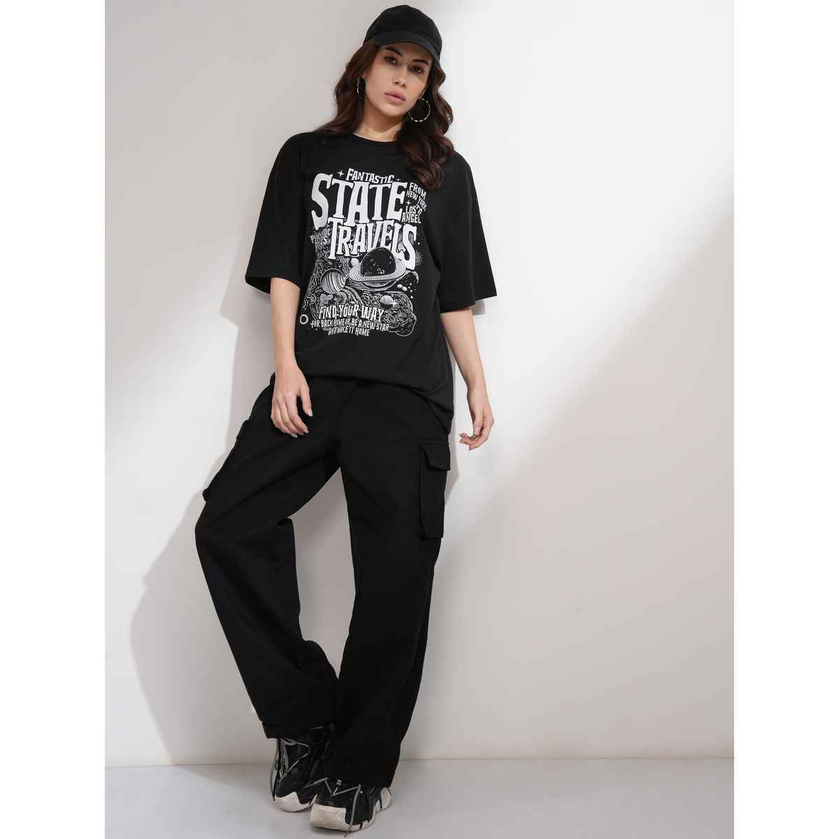 Tokyo Talkies Women's Cargo Wide Leg With Back Elastic Waist Band | Black - M