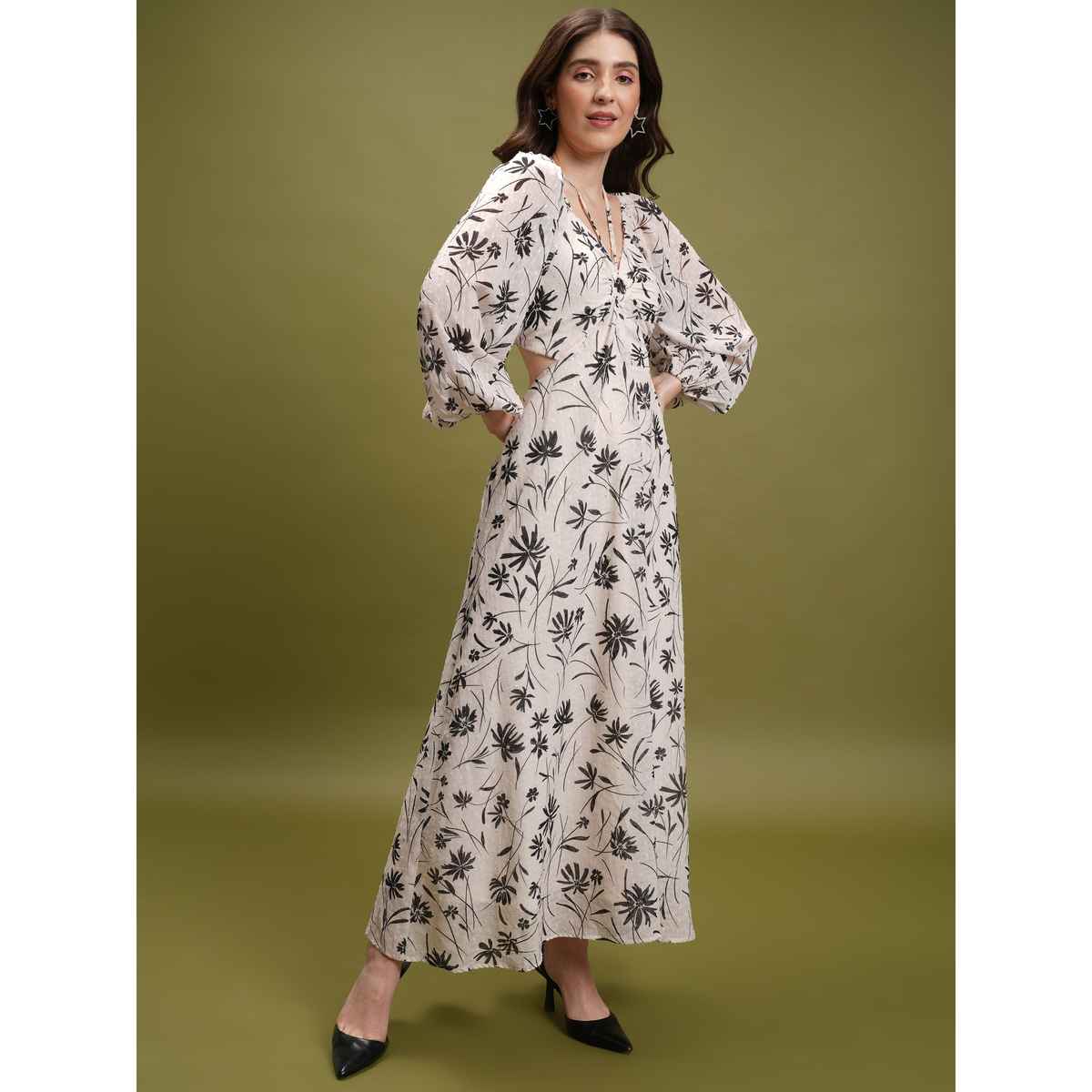Tokyo Talkies Women's Floral Printed Tie Up Neck Puff Sleeve Cut Out Maxi Dress | Off White - XL