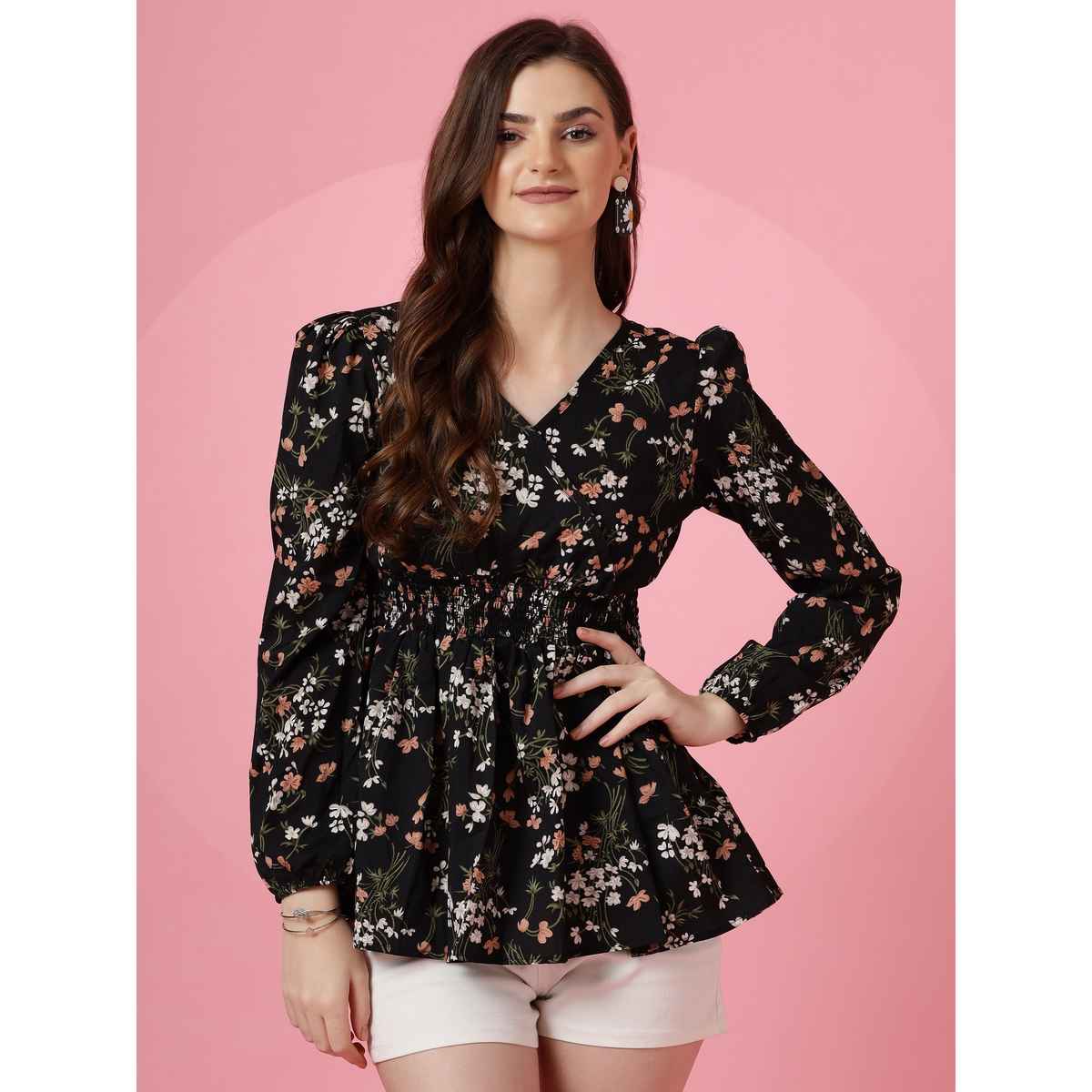 Sheetal Women's Puff Sleeves Floral Printed Top | 5111 | Black - M