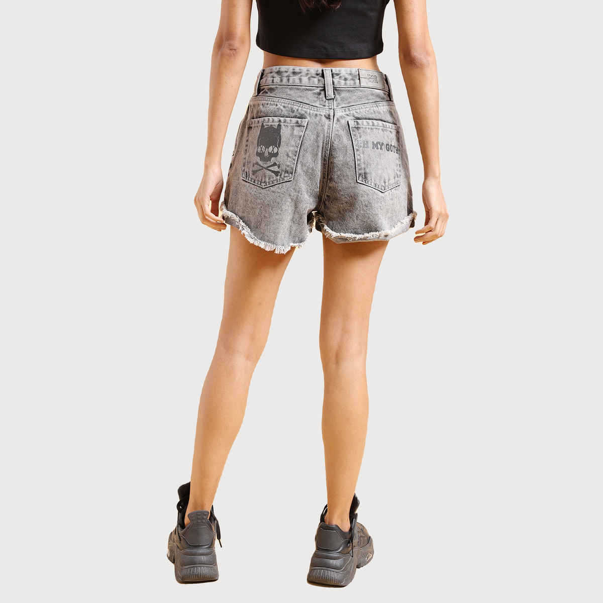 Tokyo Talkies Women's Typography Printed Cotton Denim Shorts | Grey - 30