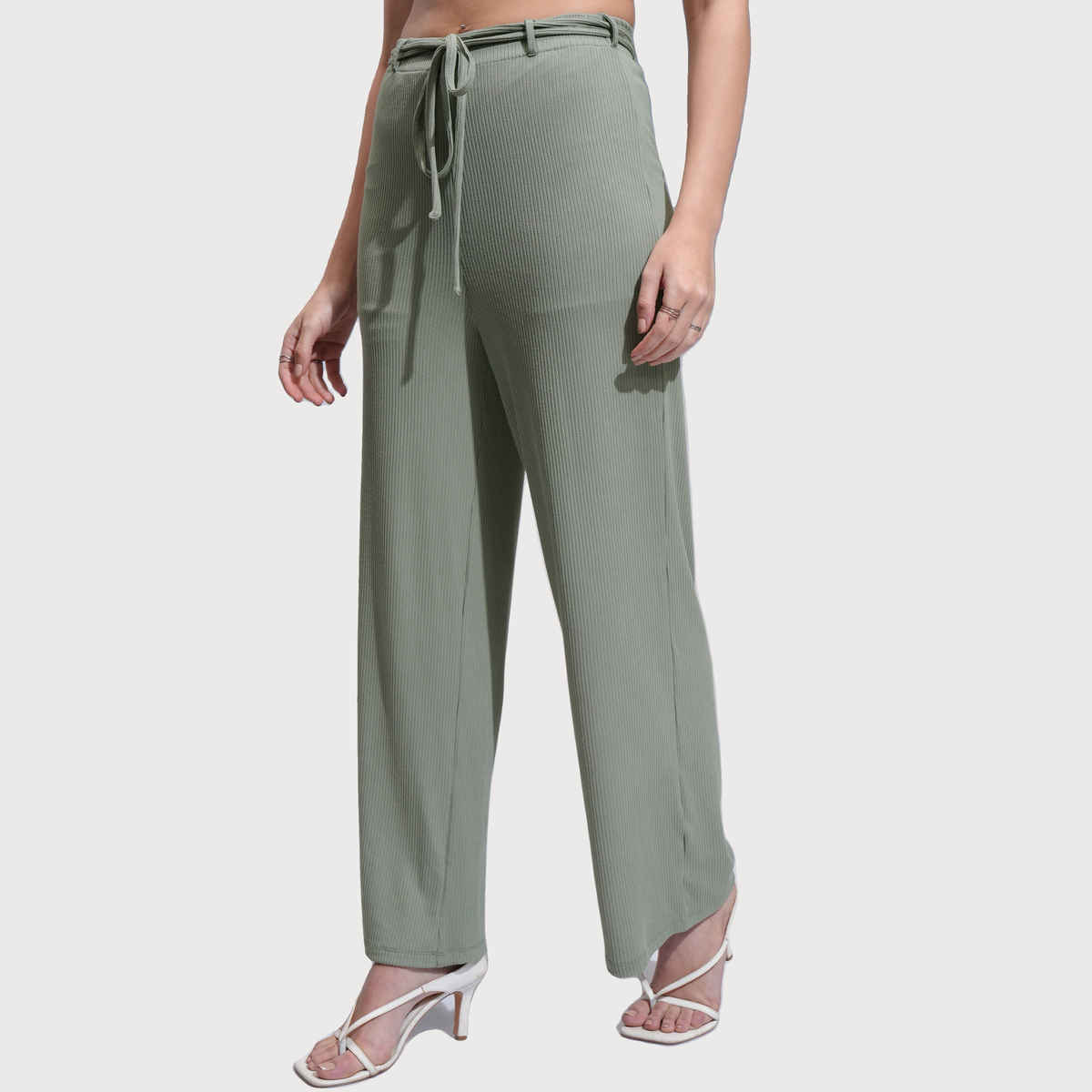 Tokyo Talkies Women's Solid Rib Calf Length Wideleg Pants | Olive - 30