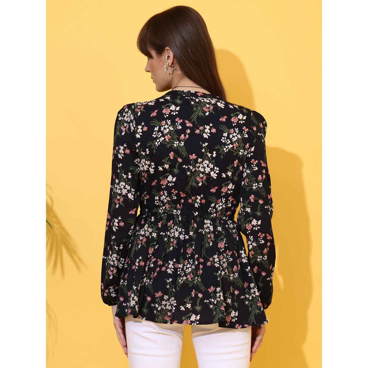 Sheetal Women's Floral Printed Mandarin Collar Top | 5201 | Black - XL