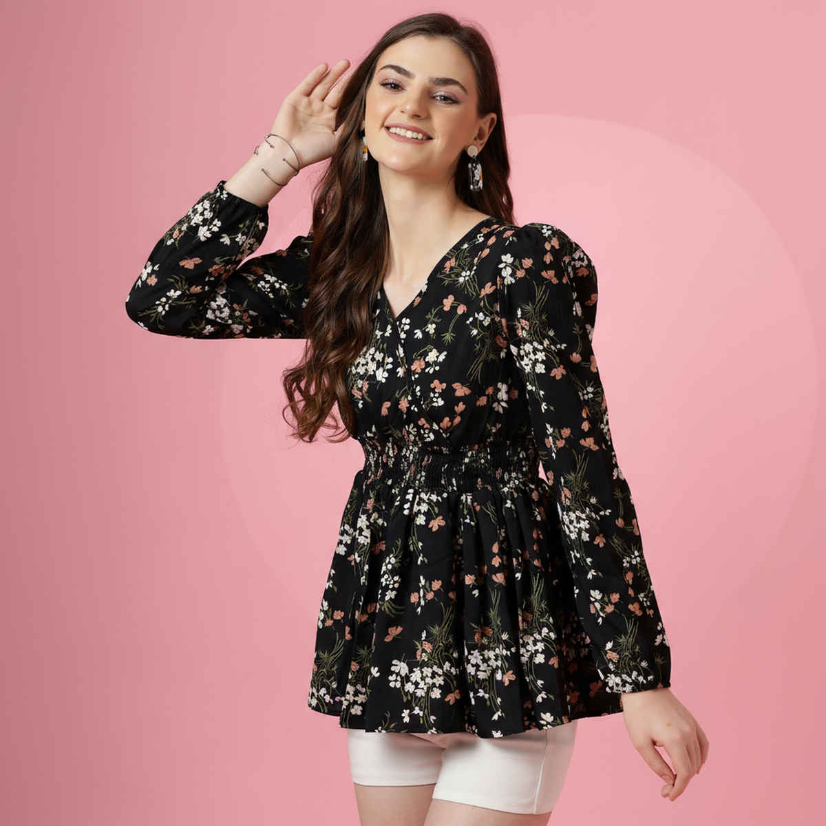 Sheetal Women's Puff Sleeves Floral Printed Top | 5111 | Black - XL