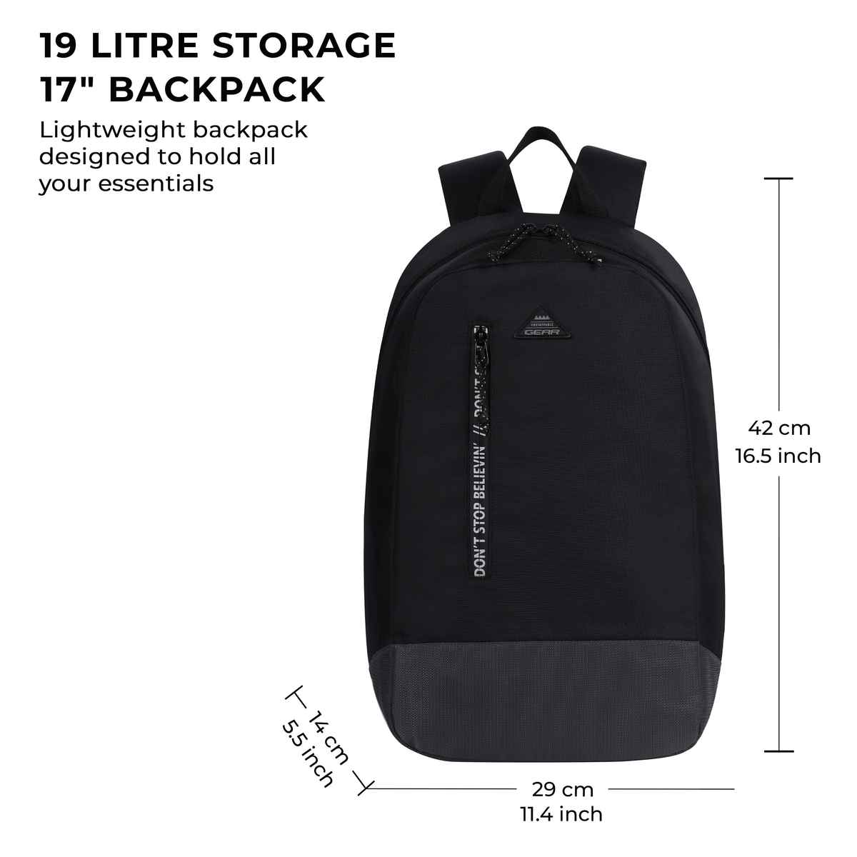Gear Unisex Modern Polyester 19 L Top Handle Backpack | Black - 17 Inches