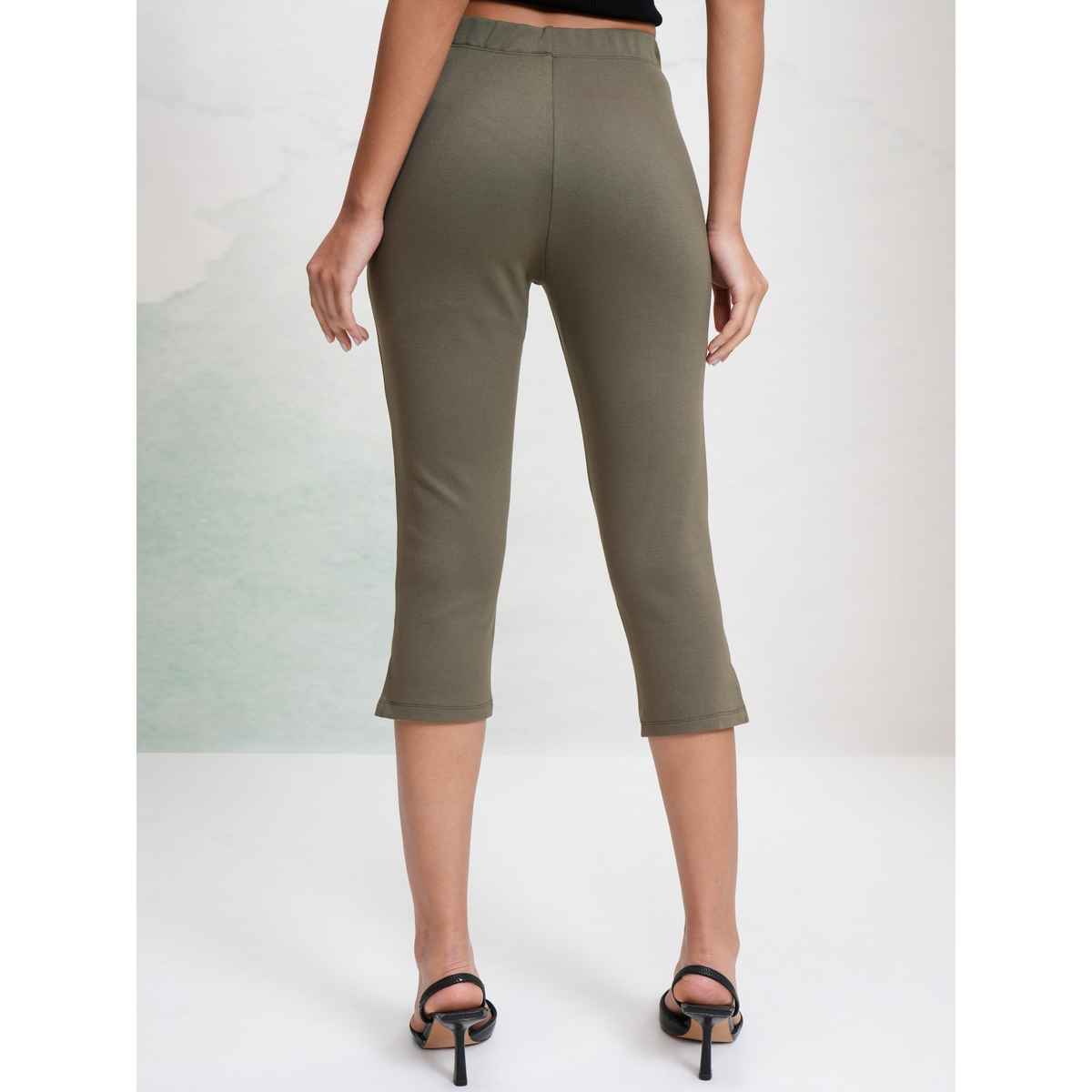 Tokyo Talkies Women's Solid Stretchy Capri Pants with Slits | Olive - 32