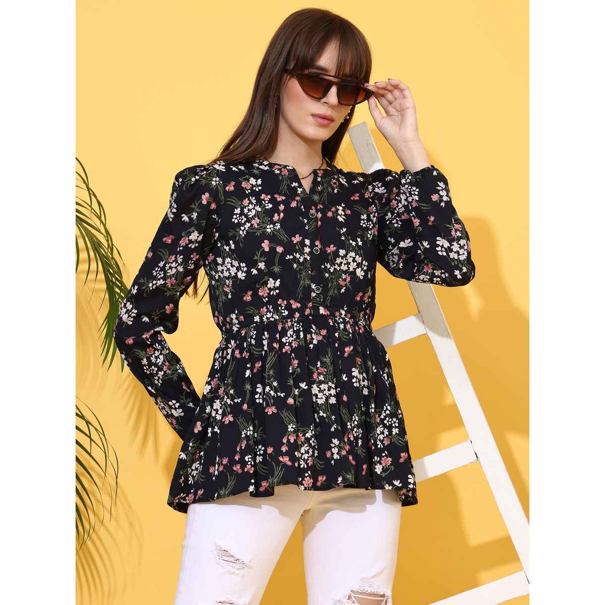 Sheetal Women's Floral Printed Mandarin Collar Top | 5201 | Black - XL