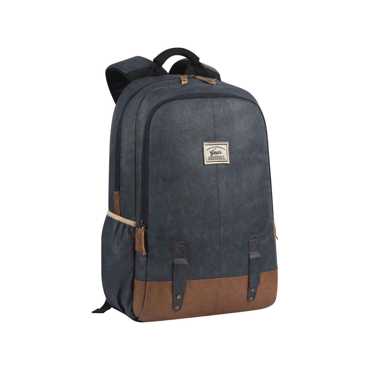 Gear Unisex Solid Faux Leather 20 L Laptop Backpack | Navy and Tan