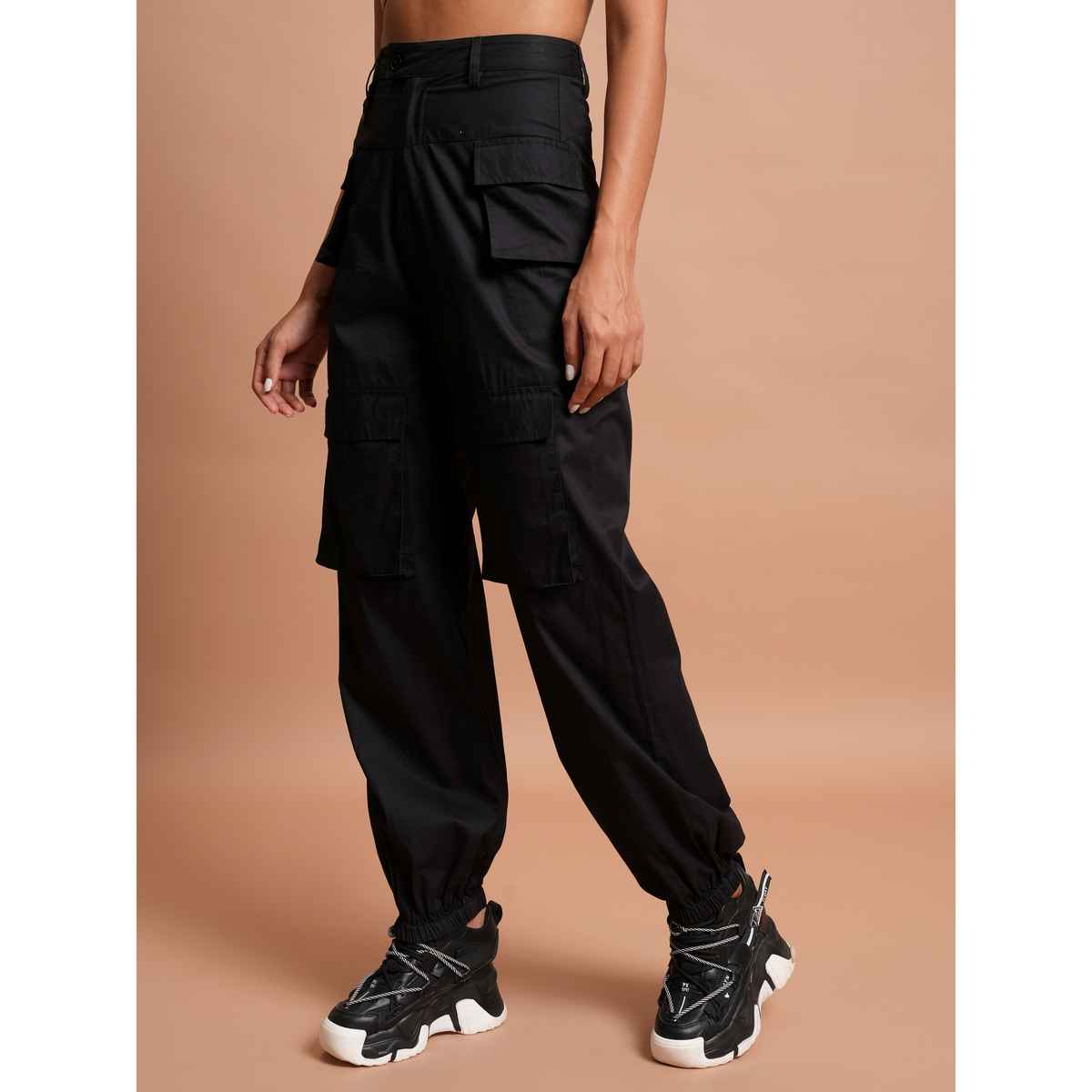 Tokyo Talkies Women's High-Rise Cotton Cargos | Black - 30