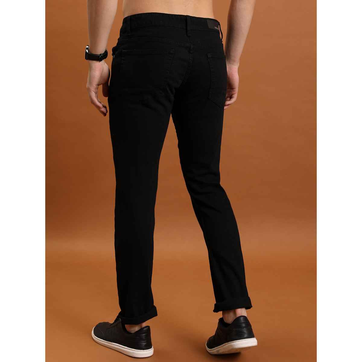 Highlander Men's Straight Fit Mid-Rise Clean Look Stretchable Jeans | Black - 36