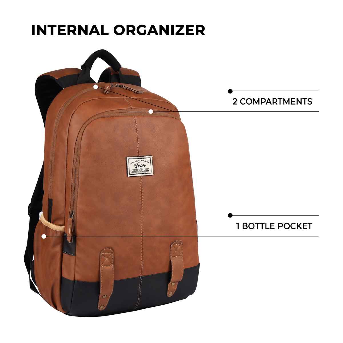 Gear Unisex Solid Artificial Leather 20 L Laptop Backpack | Black and Tan - One Size
