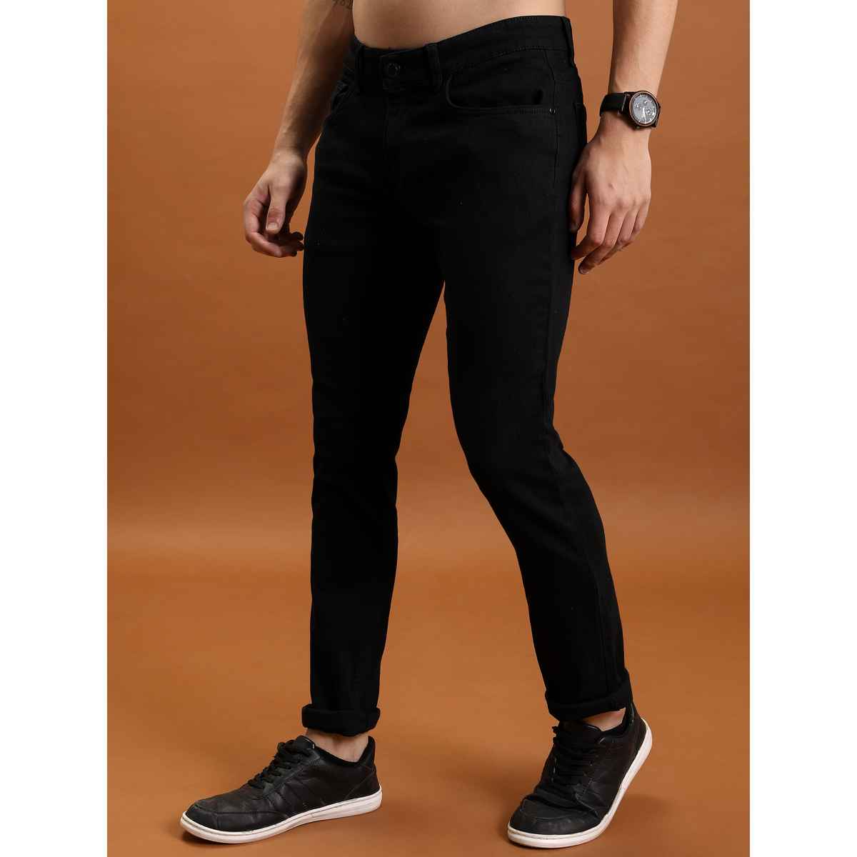 Highlander Men's Straight Fit Mid-Rise Clean Look Stretchable Jeans | Black - 36