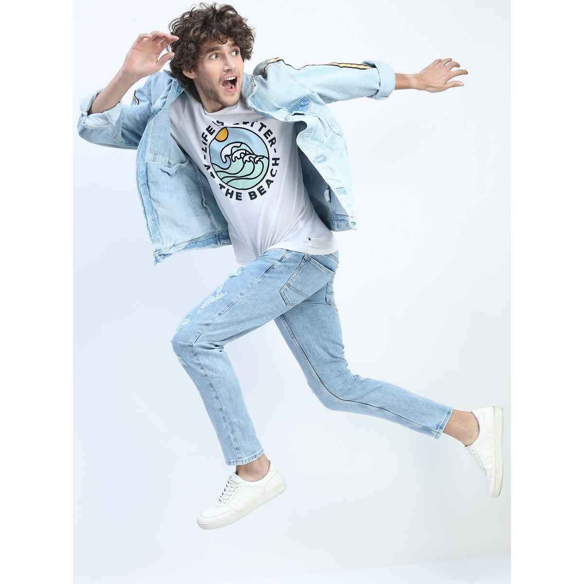 Highlander Men's Tapered Fit Highly Distressed Heavy Fade Stretchable Jeans | Blue - 34