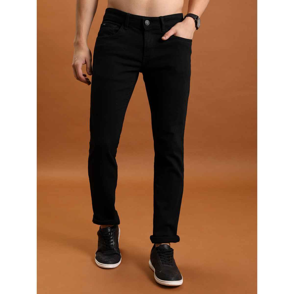 Highlander Men's Straight Fit Mid-Rise Clean Look Stretchable Jeans | Black - 36