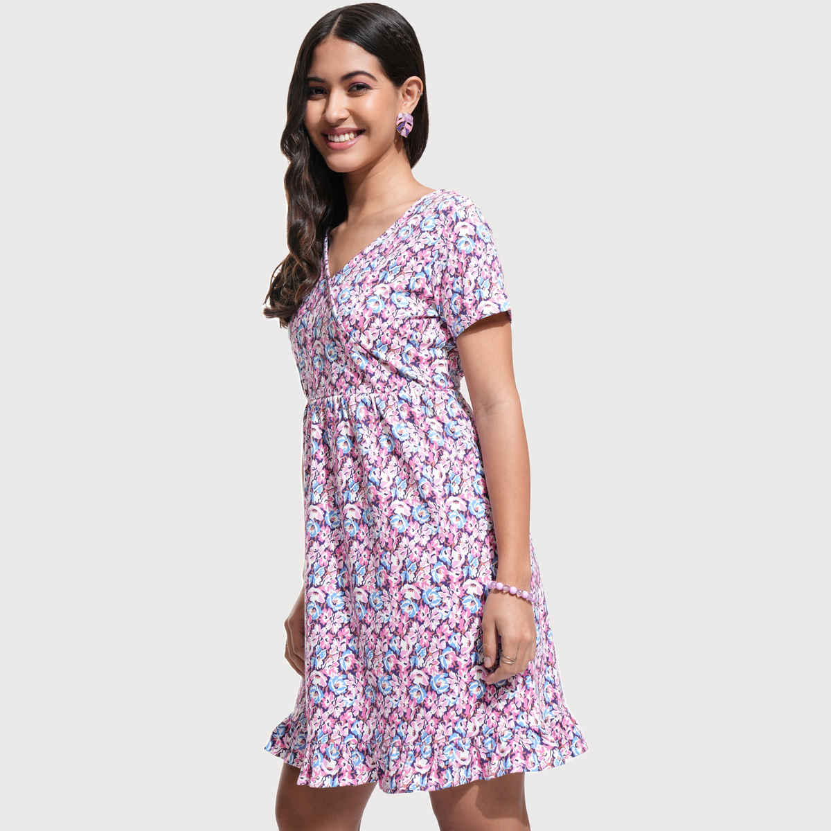 Tokyo Talkies Women's Fit & Flare V Neck Mini Rib Dress | Multicolour - S