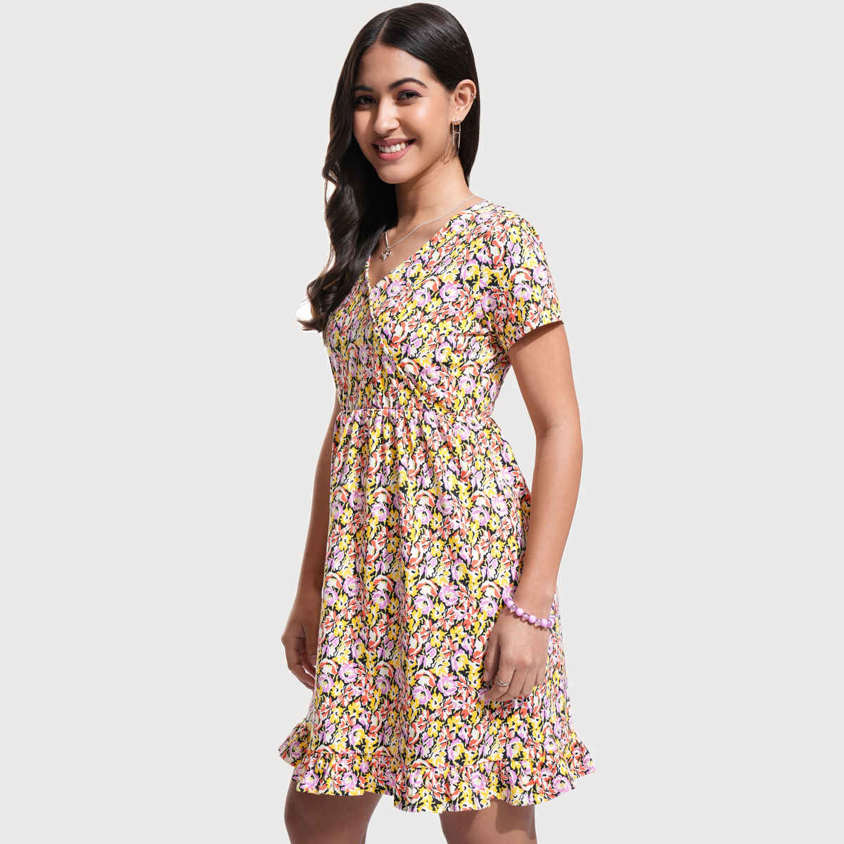 Tokyo Talkies Women's Fit & Flare V Neck Mini Rib Dress | Multicolour - M