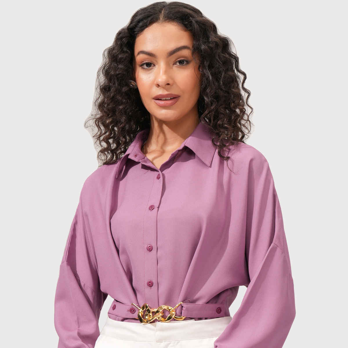 Tokyo Talkies Women's Button Down Front Pocket Detailed Shirt | Purple - L