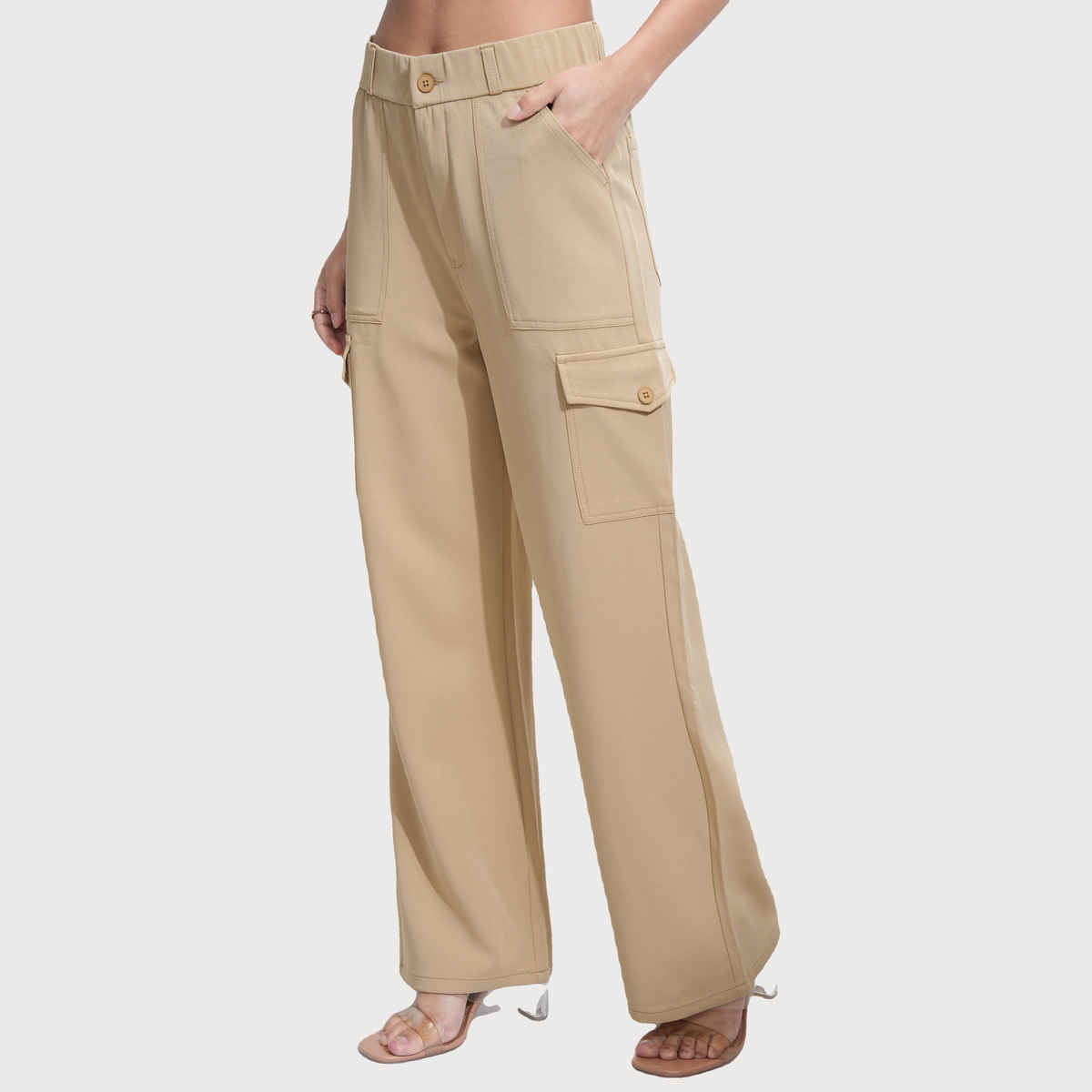 Tokyo Talkies Women's Khaki High Rise Straight Fit Cargo Trouser | Khaki - L