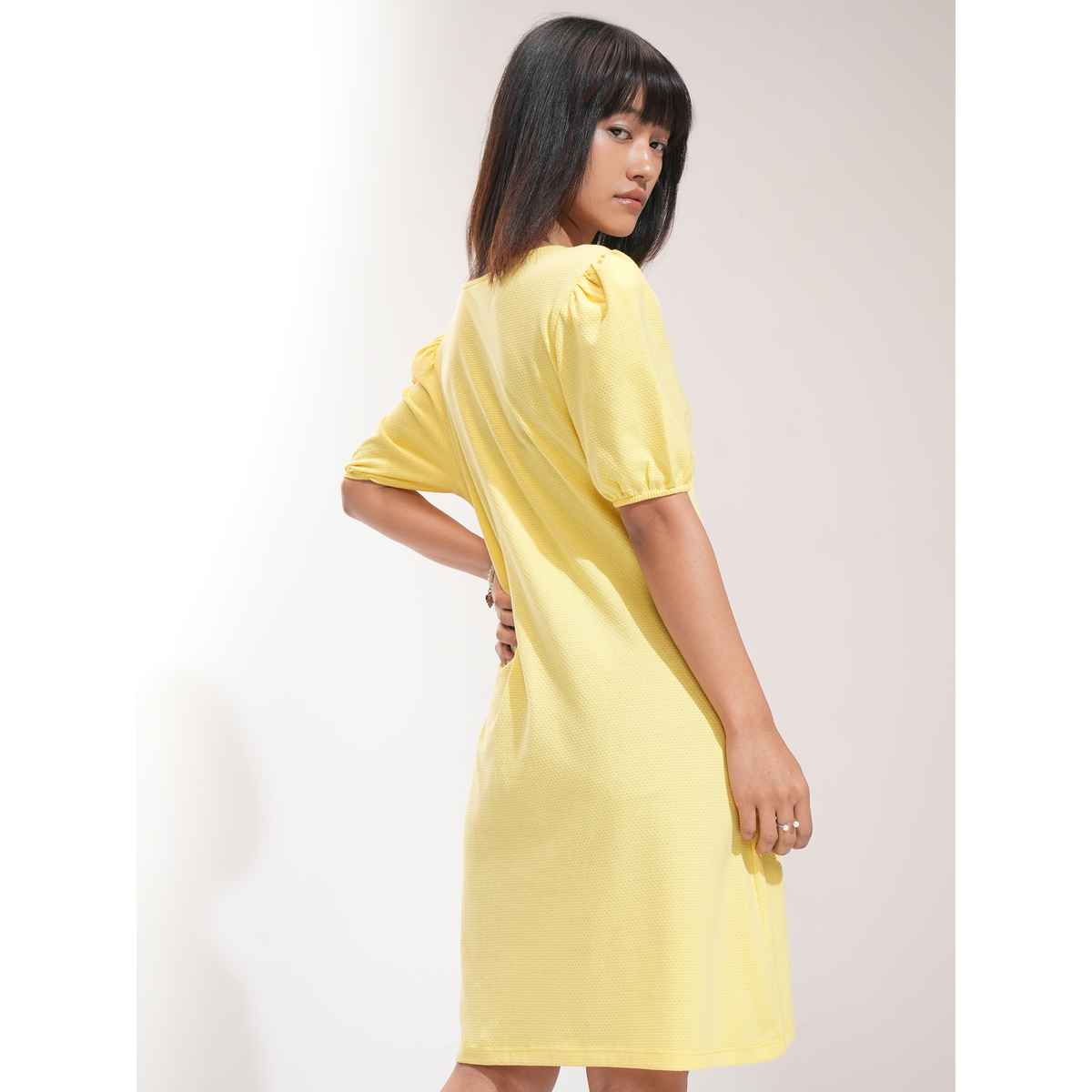 Tokyo Talkies Women's Yellow Textured A-Line Knitted Mini Dress | Yellow | M