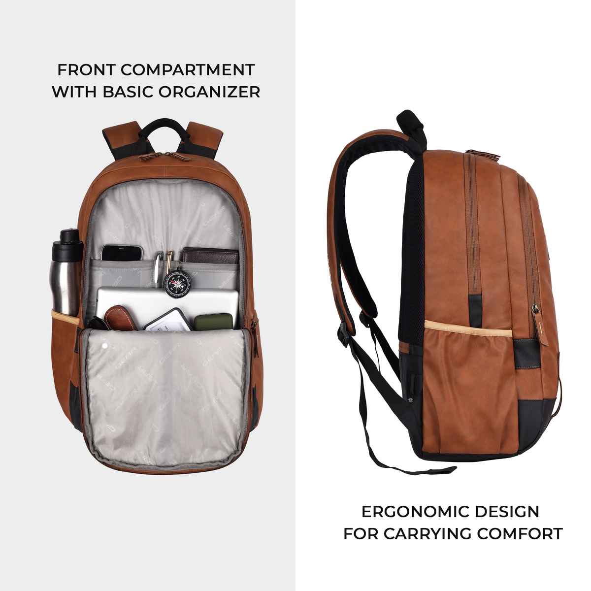 Gear Unisex Solid Artificial Leather 20 L Laptop Backpack | Black and Tan - One Size