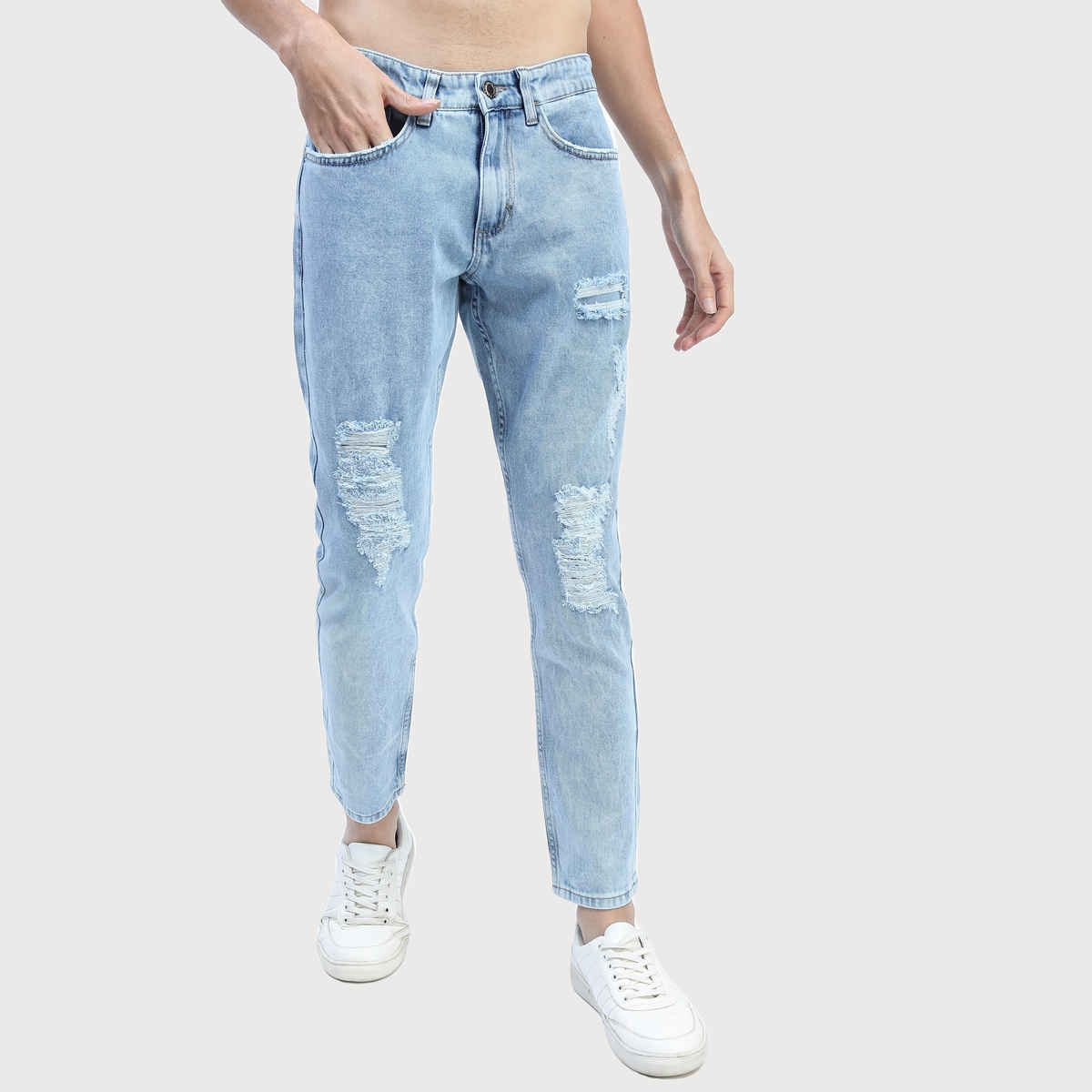 Highlander Men's Tapered Fit Highly Distressed Heavy Fade Stretchable Jeans | Blue - 34