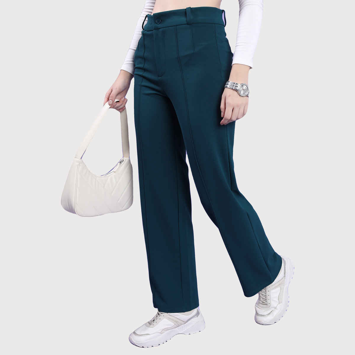 Tokyo Talkies Women's High-Rise Straight Fit Trouser | Teal - 28