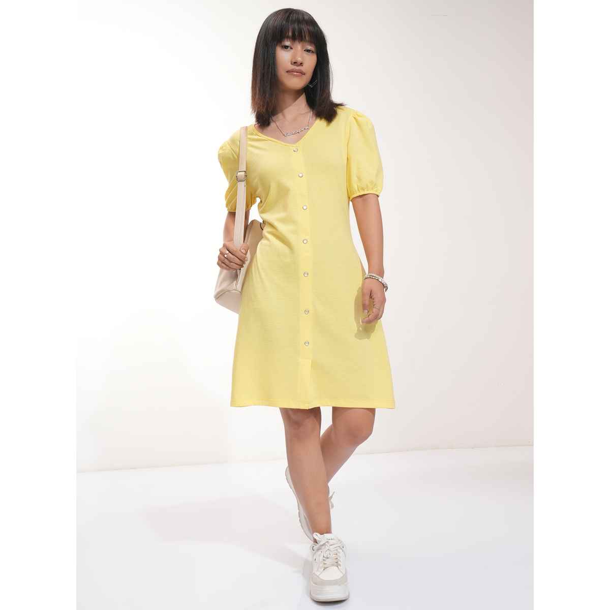 Tokyo Talkies Women's Yellow Textured A-Line Knitted Mini Dress | Yellow | M